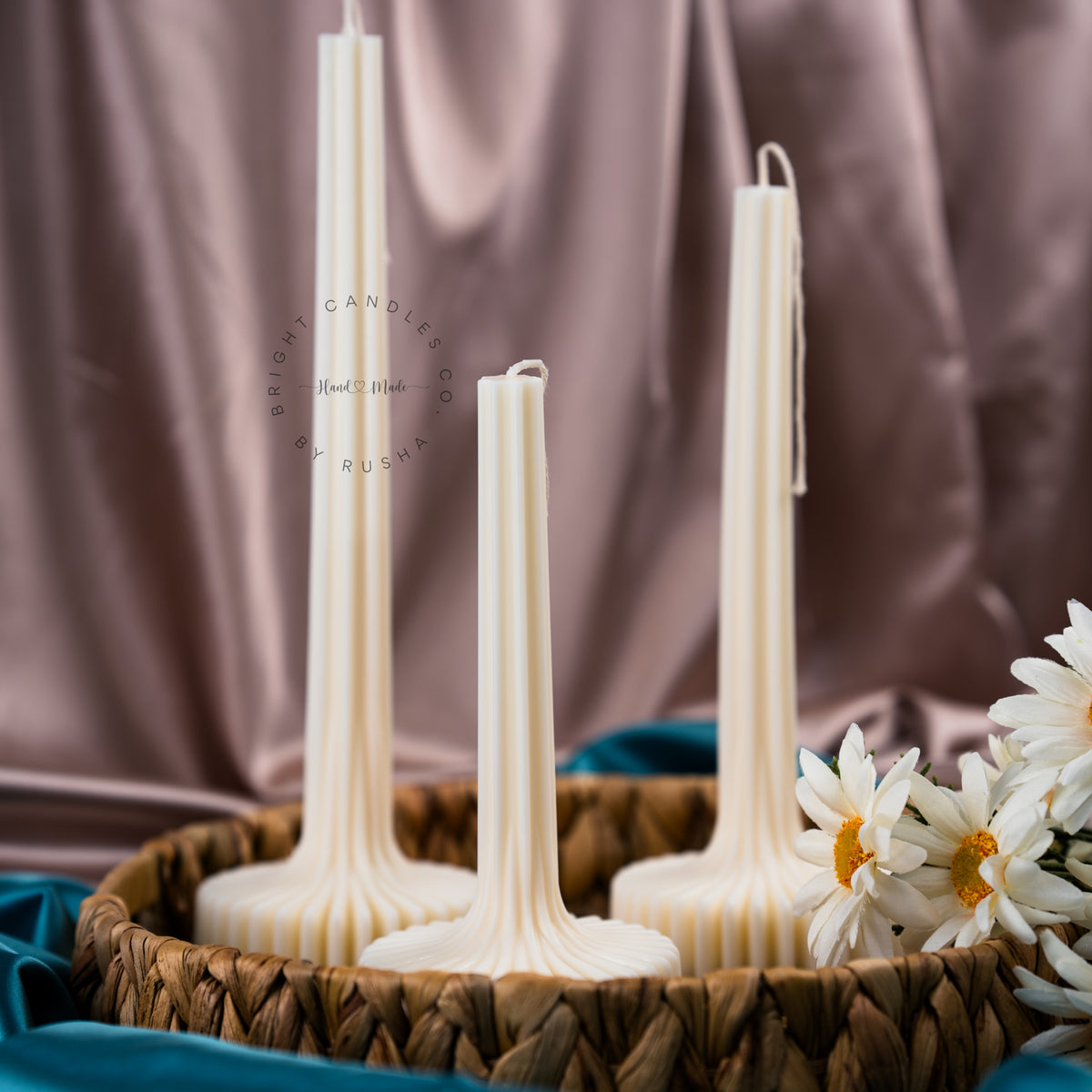 Ribbed lamp pillar candle with flared base, handmade coconut-soy wax